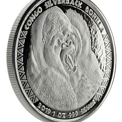 Kongo: Stříbrný gorila 1 unce stříbra 2019