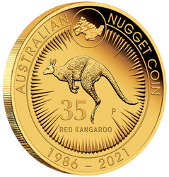 Australský klokan: 35. výročí Kangaroo Nugget 1/4 unce zlata 2021 Proof