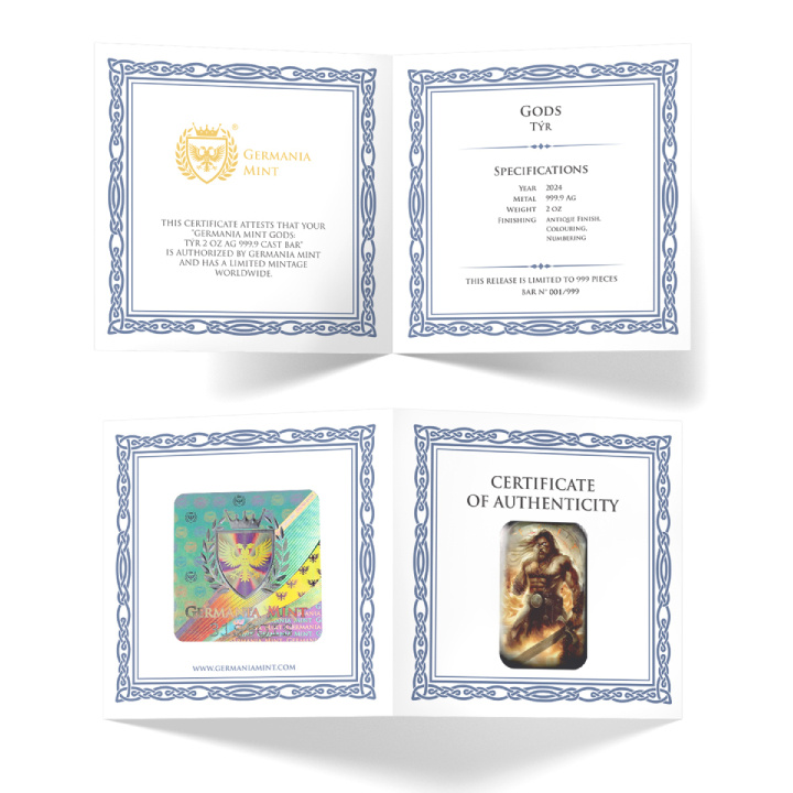 Germania Mint Bar: Istenek – Týr színes 2 uncia ezüst 2024 antik kivitel