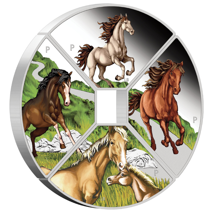 Juego de 4 Monedas Tuvalu: Año del Caballo Quadrant Colorada 4 x 1 Onza Plata 2026 Proof