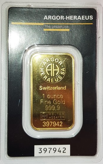 1 oz Oro Argor Bar - Heraeus Damaged CertiPack