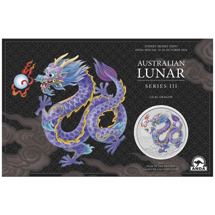Perth Mint: Lunar III - Anno del Drago “Drago Lilla” colorato 1 oncia d'argento 2024 (Sydney Money Expo Anda Special)