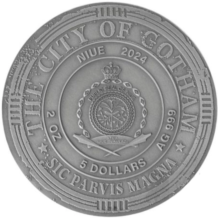 Niue: Stříbrná mince 2024 s vysokým reliéfem, antikizovaná, o hmotnosti 2 oz, barva Batman, Gotham City