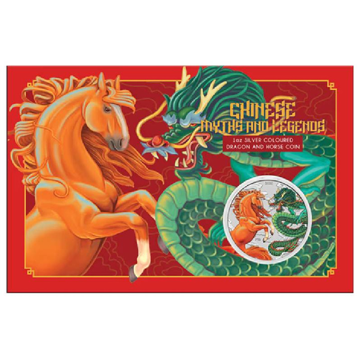 Srebrna Moneta Chinese Myths and Legends: Dragon and Horse Fire and Earth kolorowany 1 uncja Srebra 2026 (w karcie)