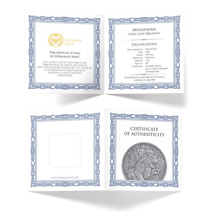 Germania Mint: Megafauna - Lew Jaskiniowy Oblivion 1 uncja Srebra 2026 Antiqued Coin