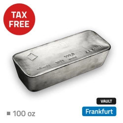 Argent d'investissement 100 onces Monnaie accréditée stockée dans un entrepôt hors taxes à Francfort (Loomis)