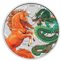Moneda de plata Mitos y leyendas chinas: Dragón y caballo - Fuego y tierra coloreada 1 onza de plata 2026