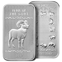 Srebrna Sztabka Lunar Year of the Goat 5 uncji Srebra 2027 Prooflike