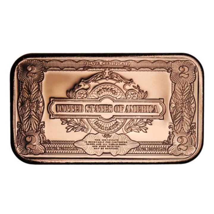 1 oz Copper Bar - $2 US Thomas Jefferson Banknote