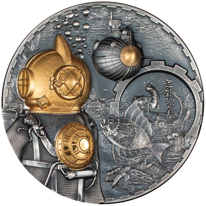 Îles Cook : Steampunk - Nautilus plaqué or 1000 grammes d'argent 2024 Ultra High Relief Antiqued Coin