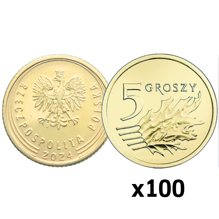 Banca Națională a Poloniei 5 groși Sac monetărie 100 bucăți 2024 UNC