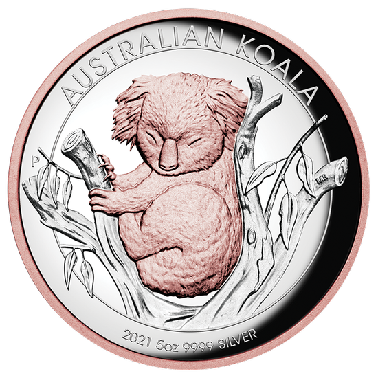 Australijska Koala 5 uncji Srebra 2021 Proof High Relief Pozłacana