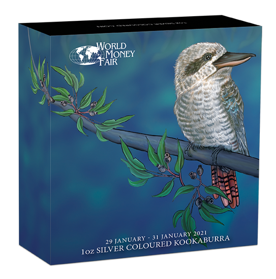 World Money Fair Berlin 2021: Kookaburra 1 uncja Srebra 2021 Kolorowany