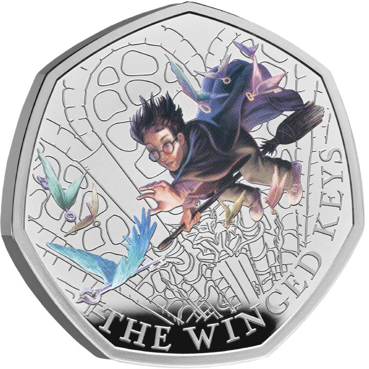 Harry Potter : clés ailées colorées 50 pence en argent 2024 Proof