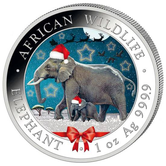 African Wildlife: Somalia Elephant colorized 1 oz Silver 2022 (Snow Globe)