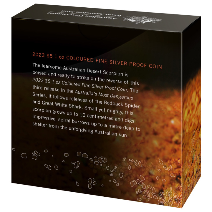 Najniebezpieczniejsze stworzenia Australii: Desert Scorpion kolorowany 1 uncja Srebra 2023 Proof