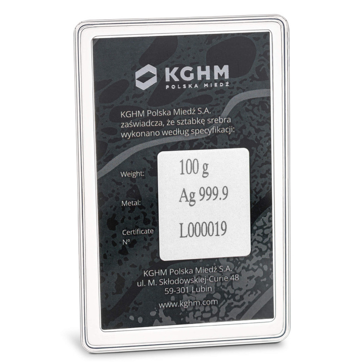 Sztabka KGHM 100 gramów Srebra