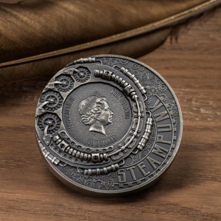 Cook Islands: Steampunk - Science Lab pozłacany 3 uncje Srebra 2023 Ultra High Relief Antiqued Coin
