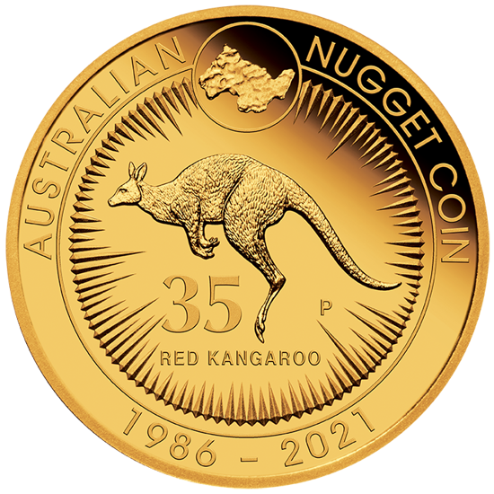 Kangourou australien : 35e anniversaire Kangaroo Nugget 2 onces d'or 2021 Proof