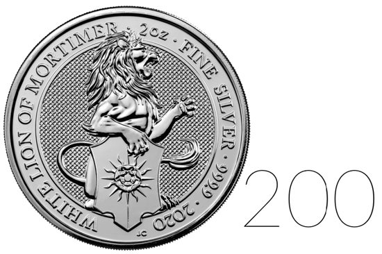Bestias de la Reina León Blanco de Mortimer 2 oz Plata Reino Unido PAQUETE de 200 PAQUETES 2020