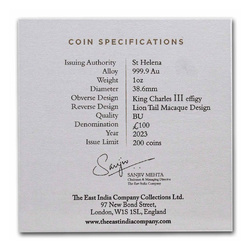 St Helena: Cash India Wildlife - Lion Tailed Macaque 1 oz Gold 2023