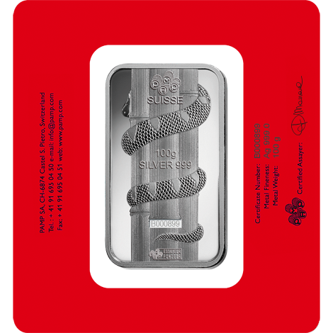 Lingot d'argent de 100 grammes, série Lunar, année du serpent