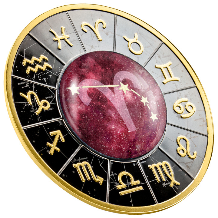 Cameroon: Zodiac Sign - Aries coloured Silver 2023 Gilded Black Proof Coin