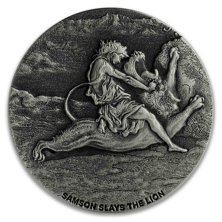 Niue: Biblico - Sansone uccide il leone 2 once d'argento 2019 Proof Antiqued Coin