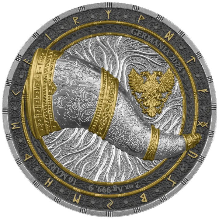 Artefactos: Gjallarhorn coloreado 2 oz Plata 2024 Dorado Ultra Alto Relieve