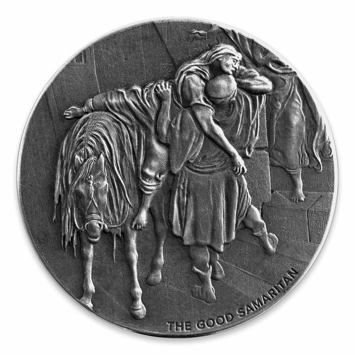 Niue: Bíblica - El Buen Samaritano 2 oz Silver 2016 Proof Antiqued Coin
