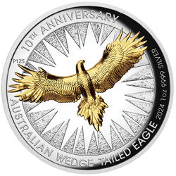 Aquila australiana 10° anniversario placcata in oro 1 oncia d'argento 2024 Proof High Relief