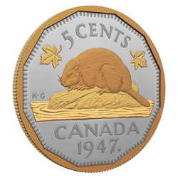 Canada: 1947 Maple Leaf Mark 5-Cent pozłacany Srebro 2023 Proof