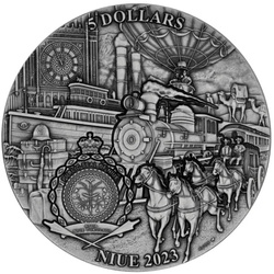 Niue: Around the World in 80 Days - Train Trip coloured 1 oz Silber 2023 High Relief Antiqued Coin