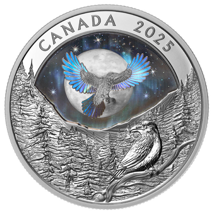 Canada: Moon Sky - Raven kolorowany $20 Srebro 2025 Proof Hologram