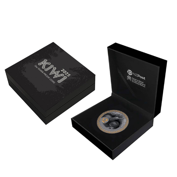 Kiwi Oro plateado 2 oz Plata 2025 Negro Proof Alto Relieve