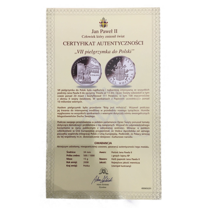 Medaglia Giovanni Paolo II - VII Pellegrinaggio in Polonia 5-17.06.1999 Argento Proof + certificato
