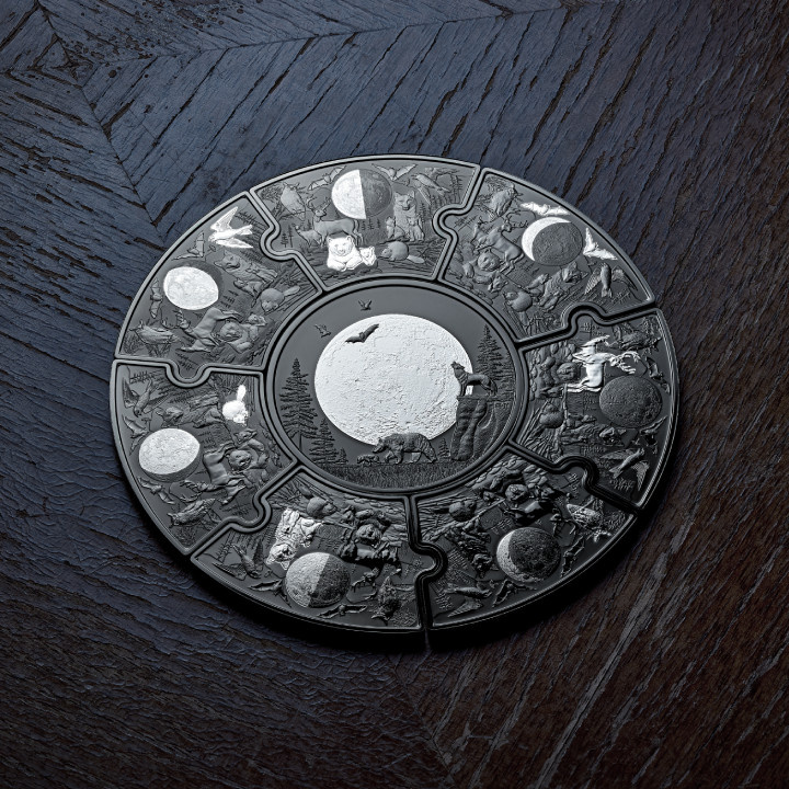 Zestaw Canada: Moon Phases 8 srebrnych monet puzzli 2025 Black Rhodium Reverse Proof