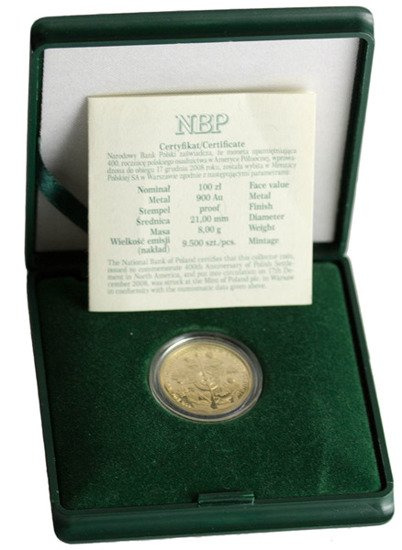 400th Anniversary of Polish Settlement in North America 100 PLN 2008 Proof