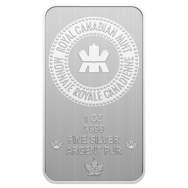 Lingote de plata Royal Canadian Mint en embalaje orgullosamente canadiense 1 onza de plata 2026 Maple Leaf Privy Mark