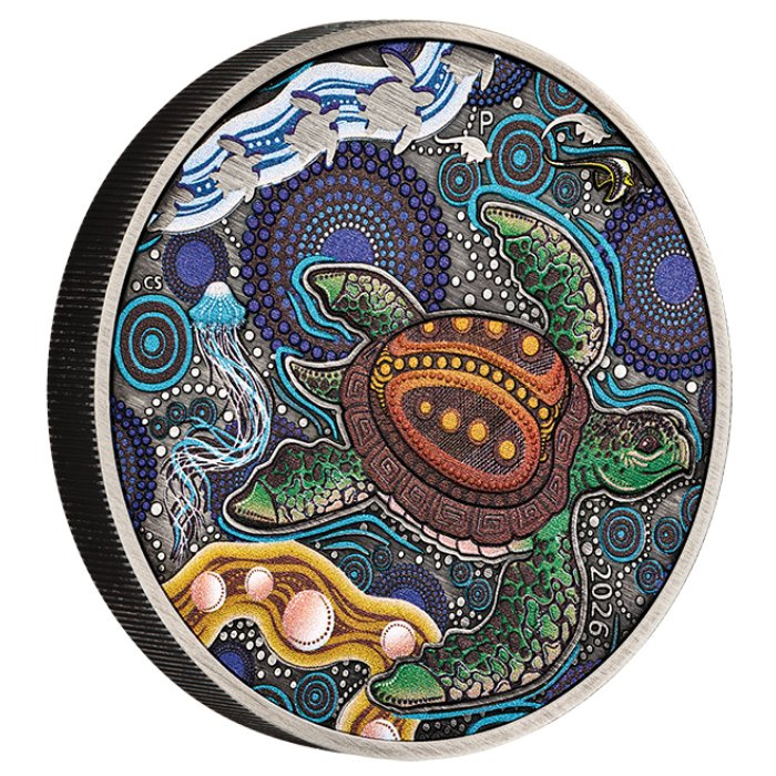 Monedă din argint The Perth Mint: Turtle Yaunati colorată 2 uncii de argint 2026 Antiqued