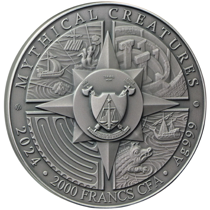 Niue: Creature mitiche - Arpia colorata $5 Argento 2024 Moneta antica ad alto rilievo