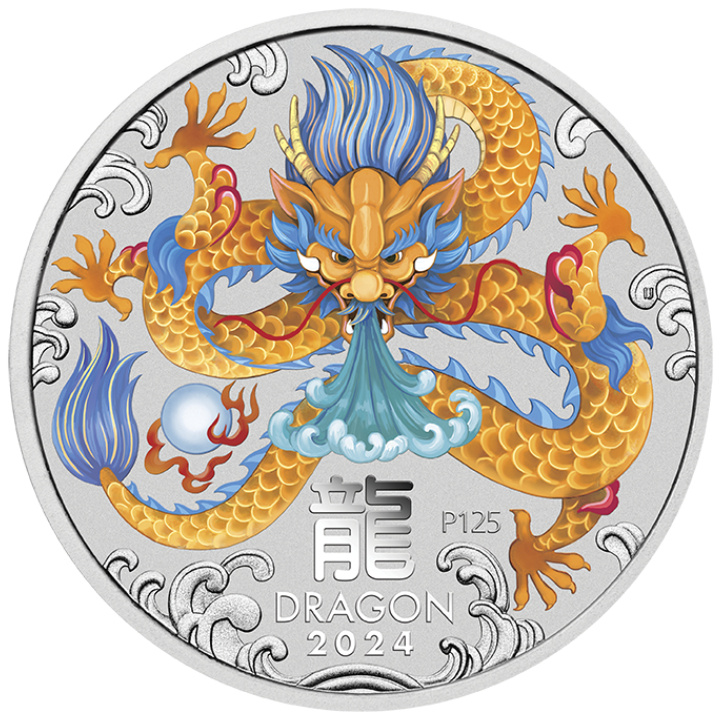 Perth Mint : Lunar III - Année du Dragon colorée 2 onces argent 2024