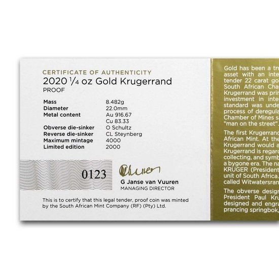 Krugerrand 1/4 uncia arany 2020 Proof