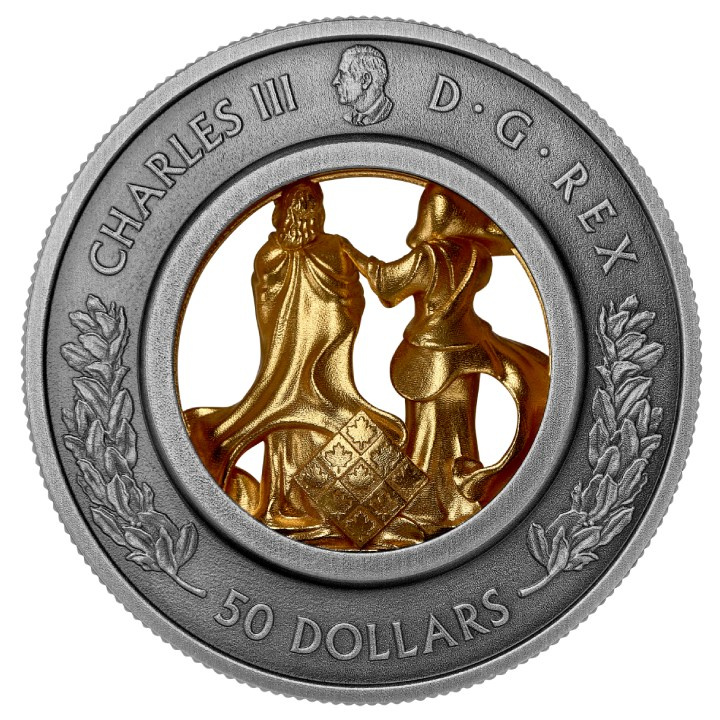 Canada: Allegories of Justice and Truth pozłacany $50 Srebro 2025 Antiqued Coin