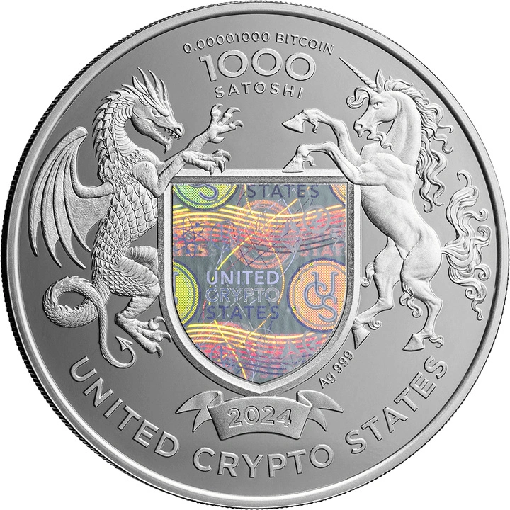 Сребърен медал Indian Head United Crypto States 1 унция сребро 2024 Proof с холограма