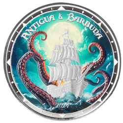 Antigua e Barbuda: Rum Runner and Kraken colorata 1 oncia d'argento 2024 Proof