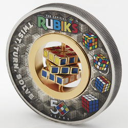 Tuvalu: Kostka Rubika 50. rocznica kolorowany, pozłacany 2 uncje Srebra 2024 Antiqued Coin