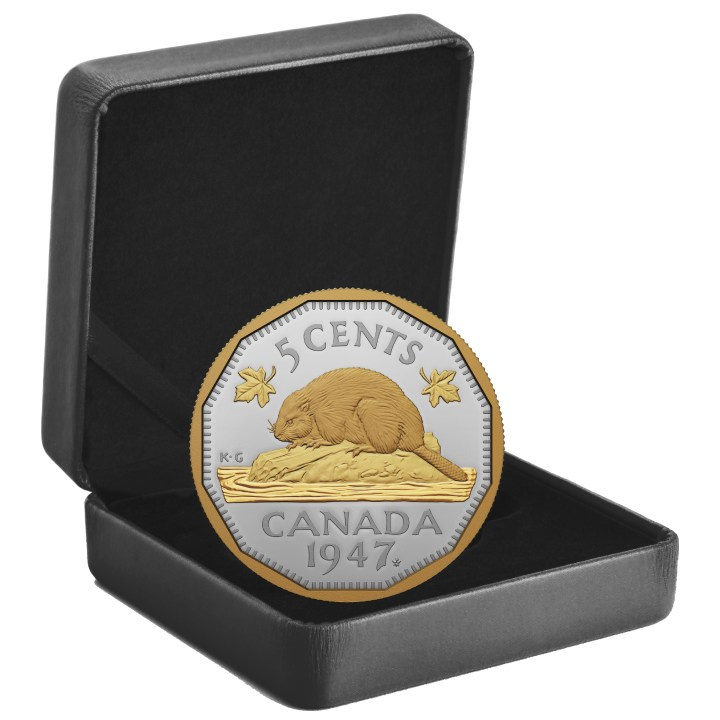 Canadá: 1947 Maple Leaf Mark 5-Cent Gold Plated Silver 2023 Proof