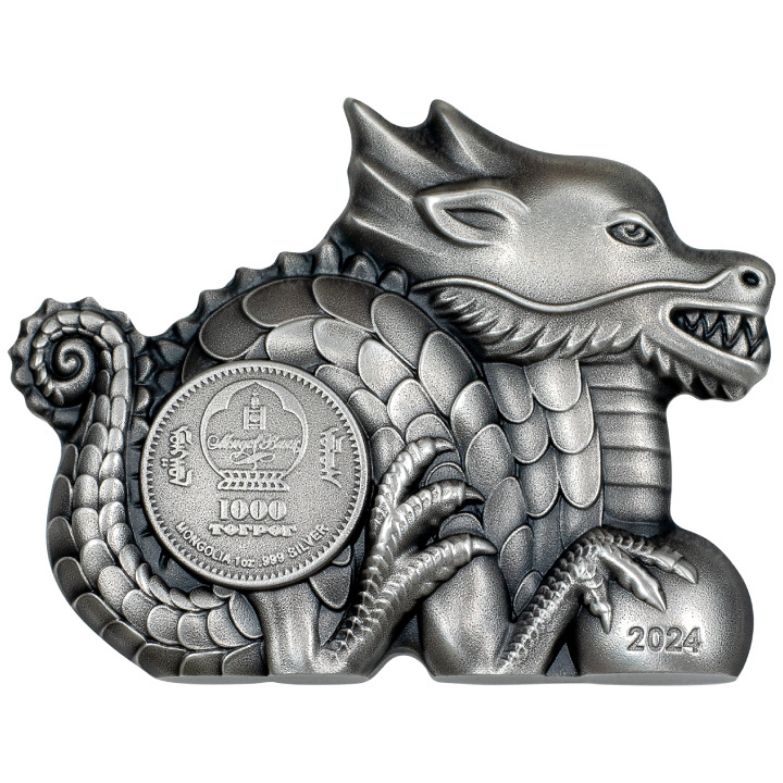 Mongolia: Great Dragon 1 uncja Srebra 2024 Ultra High Relief Antiqued Coin
