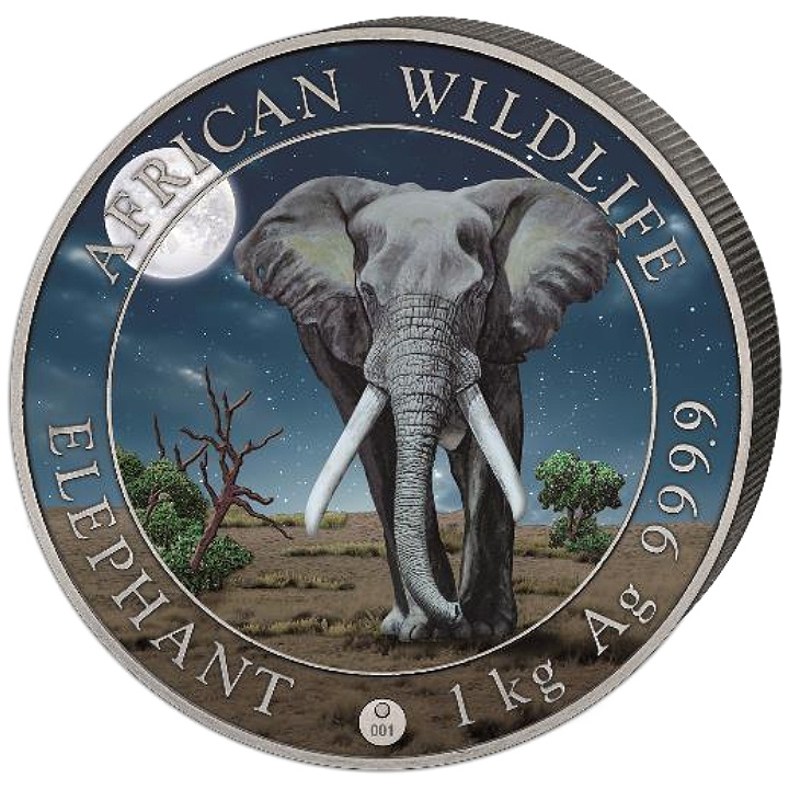 African Wildlife: Słoń Somalijski "Giant Moon" kolorowany 1000 gramów Srebra 2025